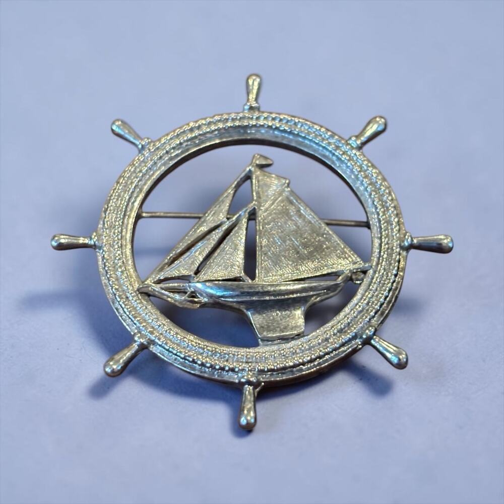 Nautical Sailboat Wheel Brooch 1960s Silver Tone Maritime Pin Signed